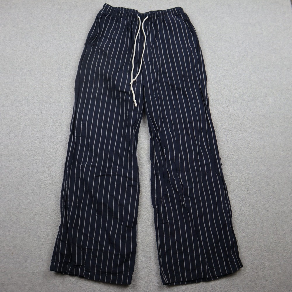 Uniqlo Linen Blend Pants Womens S Pinstripe Navy Blue Wide Leg Drawstring Casual